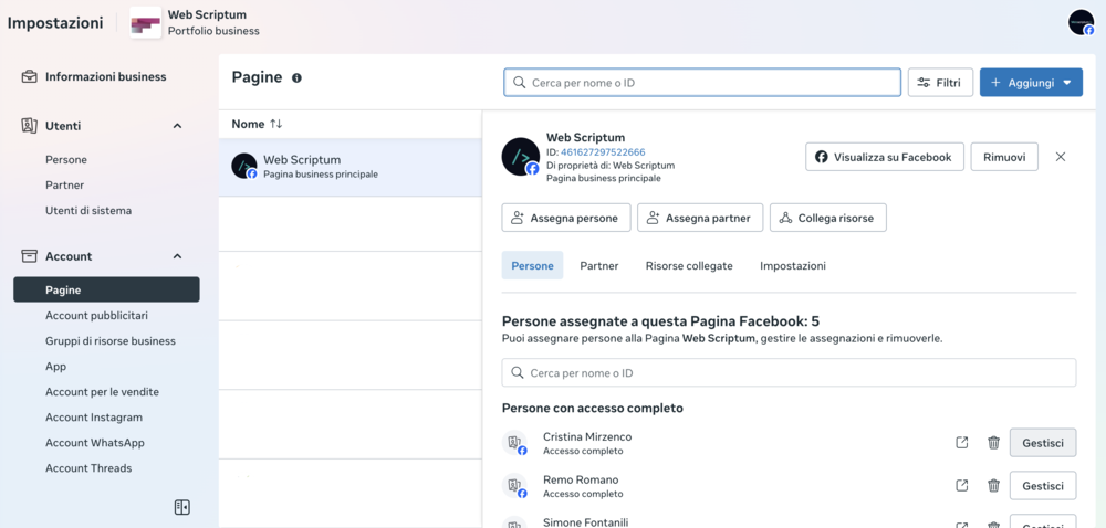 Schermata Meta Business Manager in cui si possono inserire le risorse e le pagine