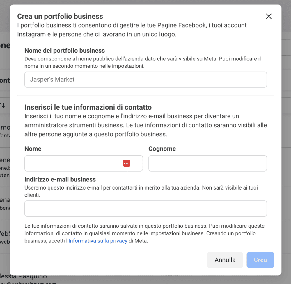 Modulo di creazione per un nuovo portfolio business su Meta Business Manager con campi per nome azienda e contatti.