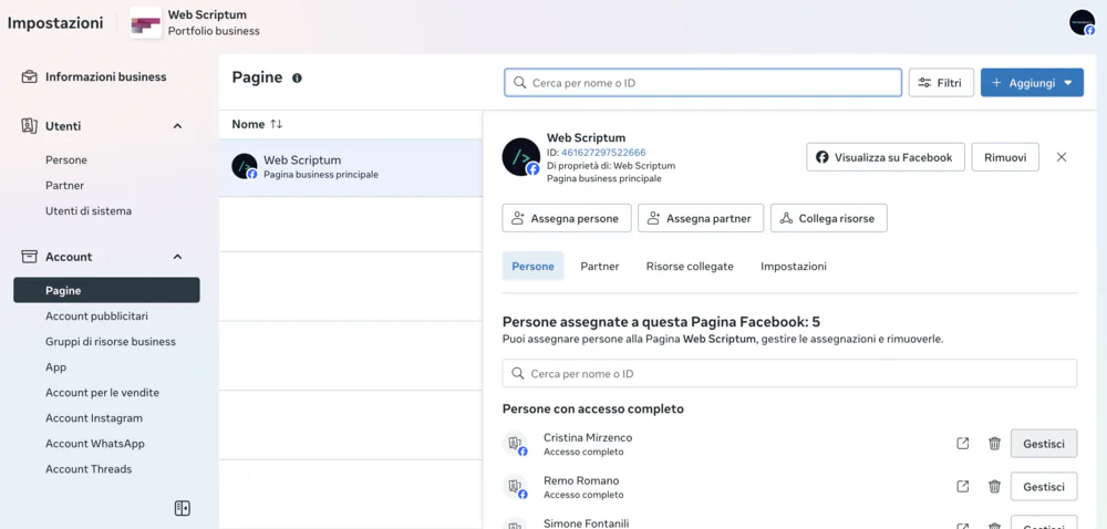 Schermata Meta Business Manager in cui si possono inserire le risorse e le pagine