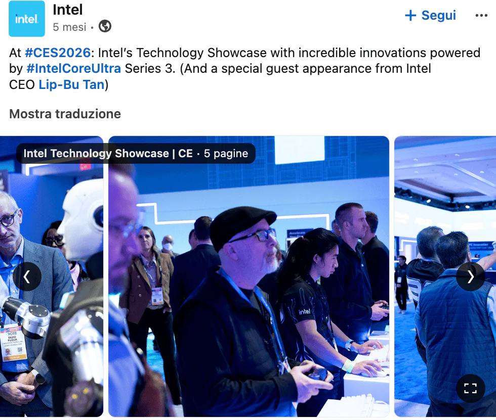 post LinkedIN che ritrae lo stand di Intel per CES 2026, in cui i visitatori potevano pilotare direttamente dei droni.